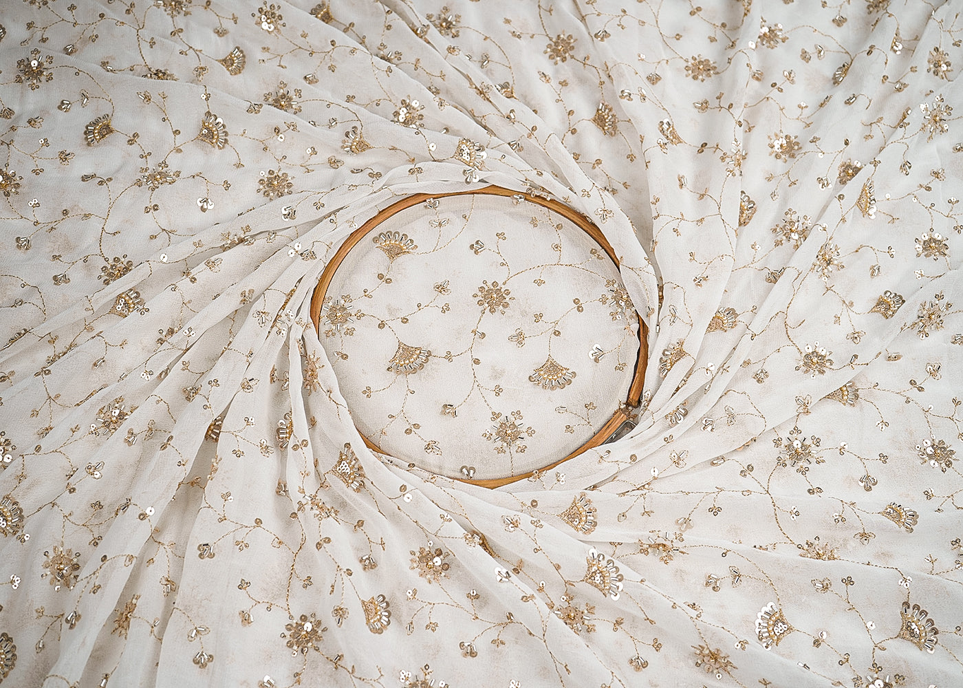 White Georgette Fabric With All Over Zari, Sequins, Katdana And Bead Work With One Side Border 19995