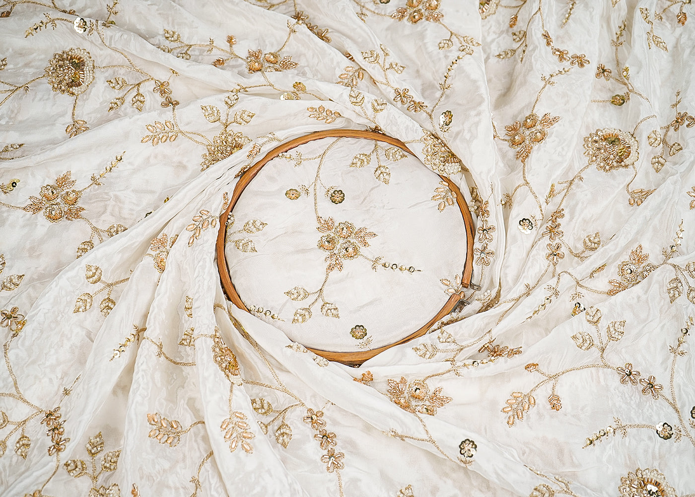 White Crepe Fabric With All Over Zari, Sequins, Katdana And Bead Work 19996