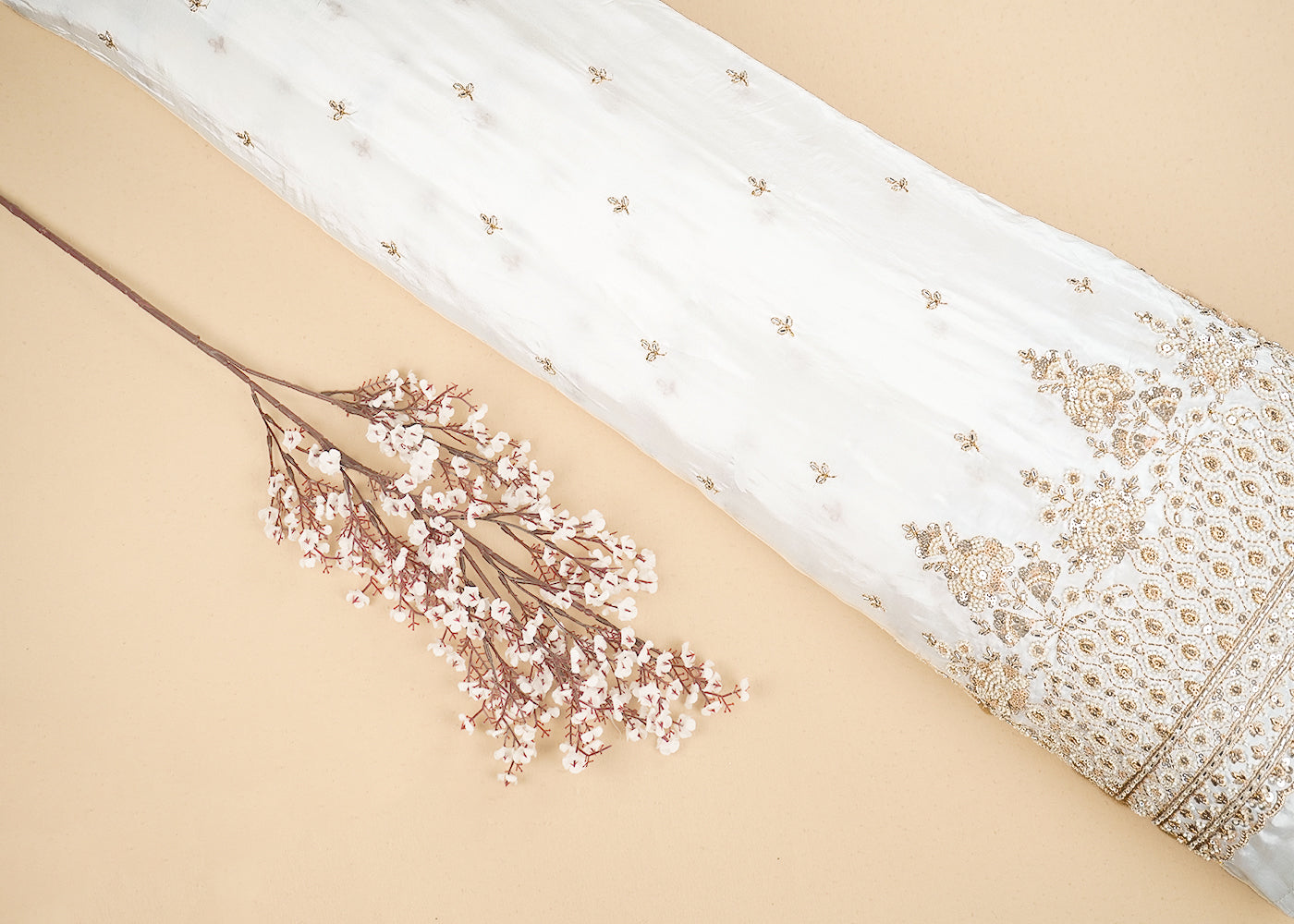 White Crepe Fabric With All Over Zari, Sequins, Katdana And Bead Work With One Side Border 19998