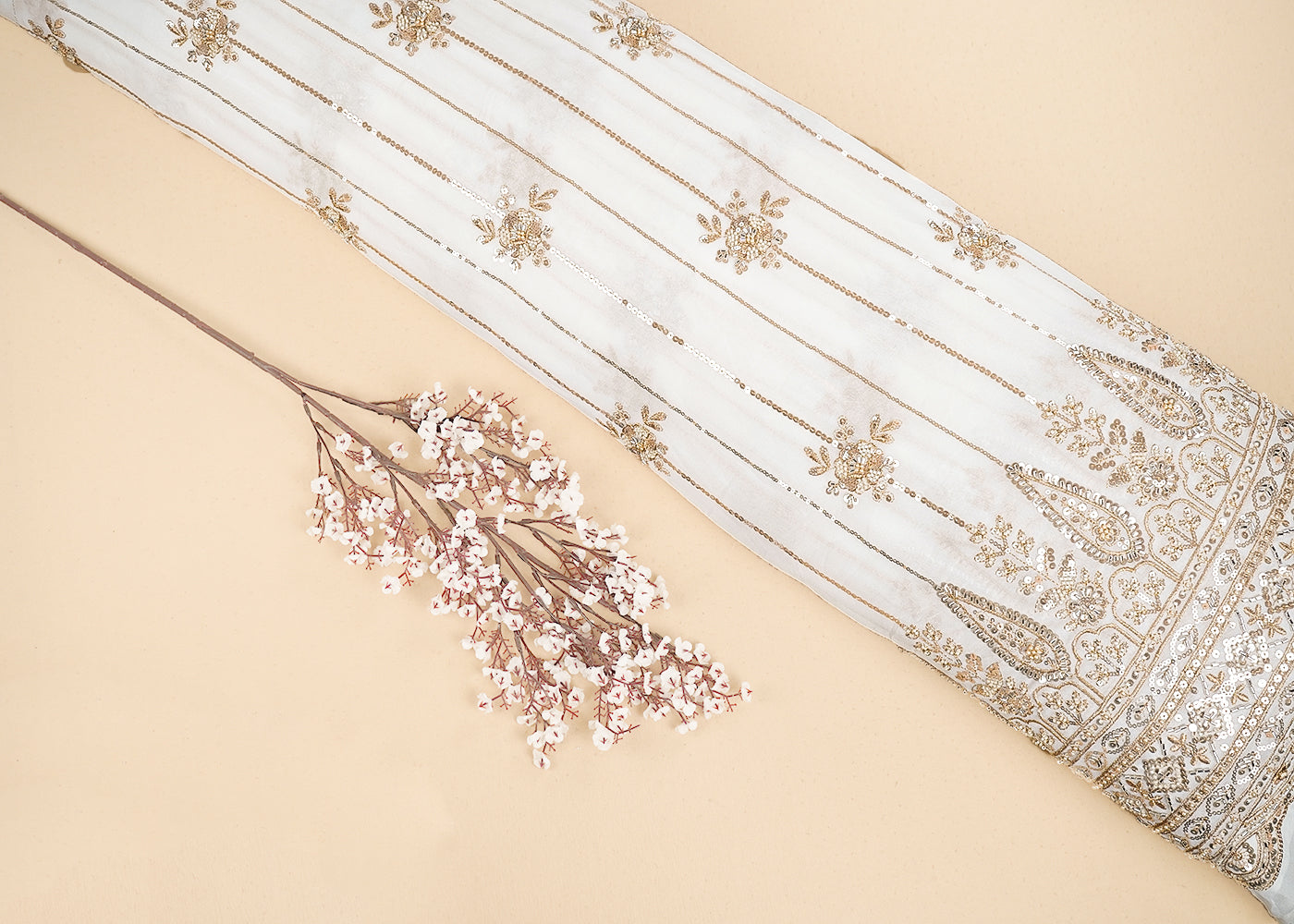 White Georgette Fabric With All Over Zari, Sequins, Katdana And Bead Work With One Side Border 19999