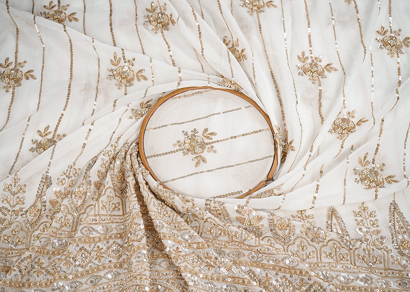 White Georgette Fabric With All Over Zari, Sequins, Katdana And Bead Work With One Side Border 19999