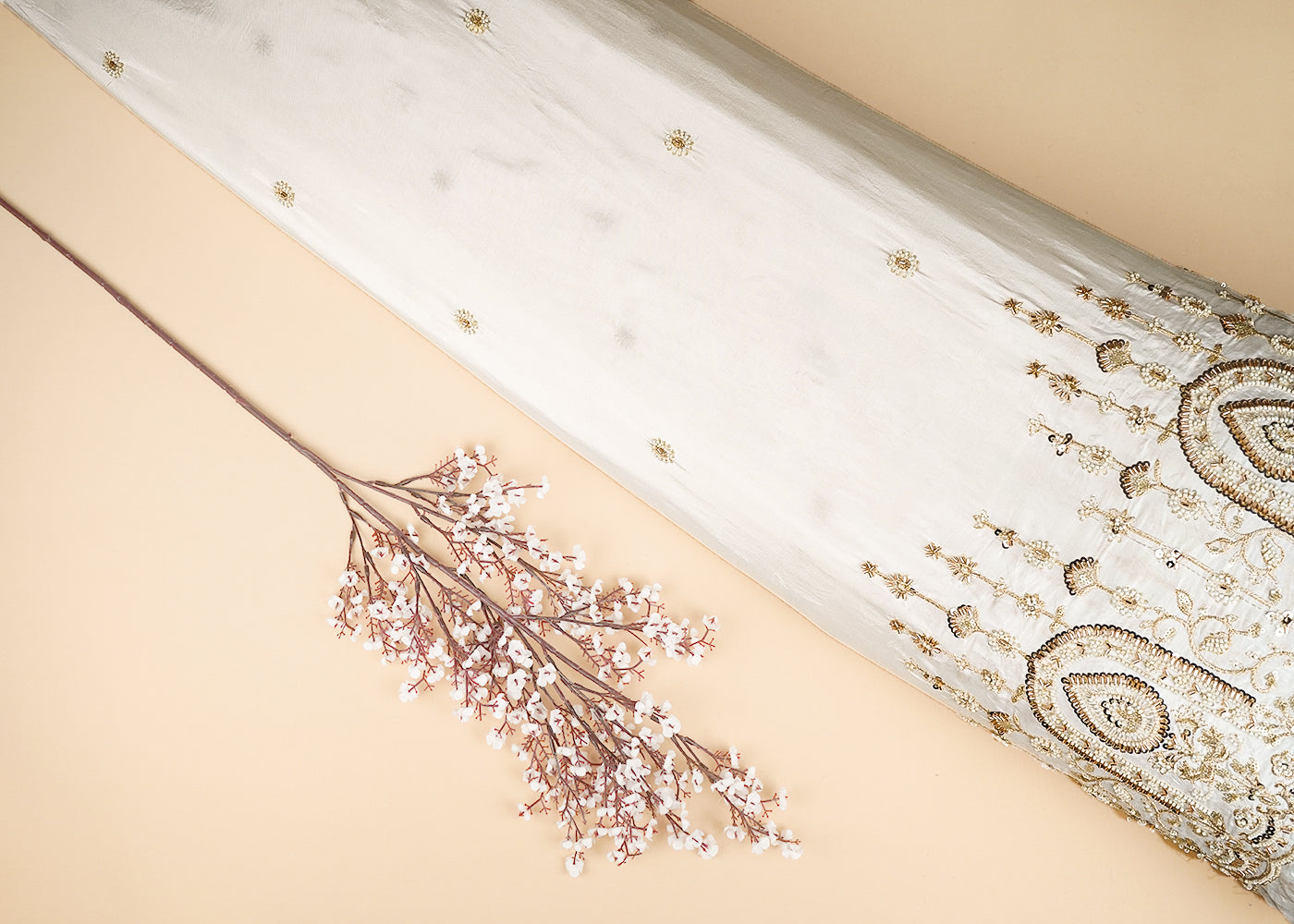 White Crepe Fabric With All Over Bead, Katdana, Sequins And Zari Work With One Side Border 20004