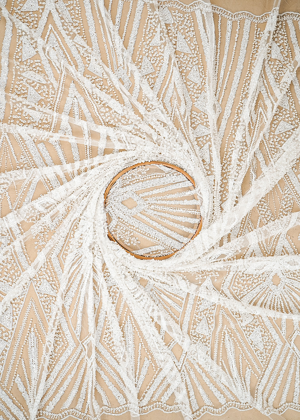 White Imported Net Fabric With Allover Sequins, Pearl & Bead Work 20009