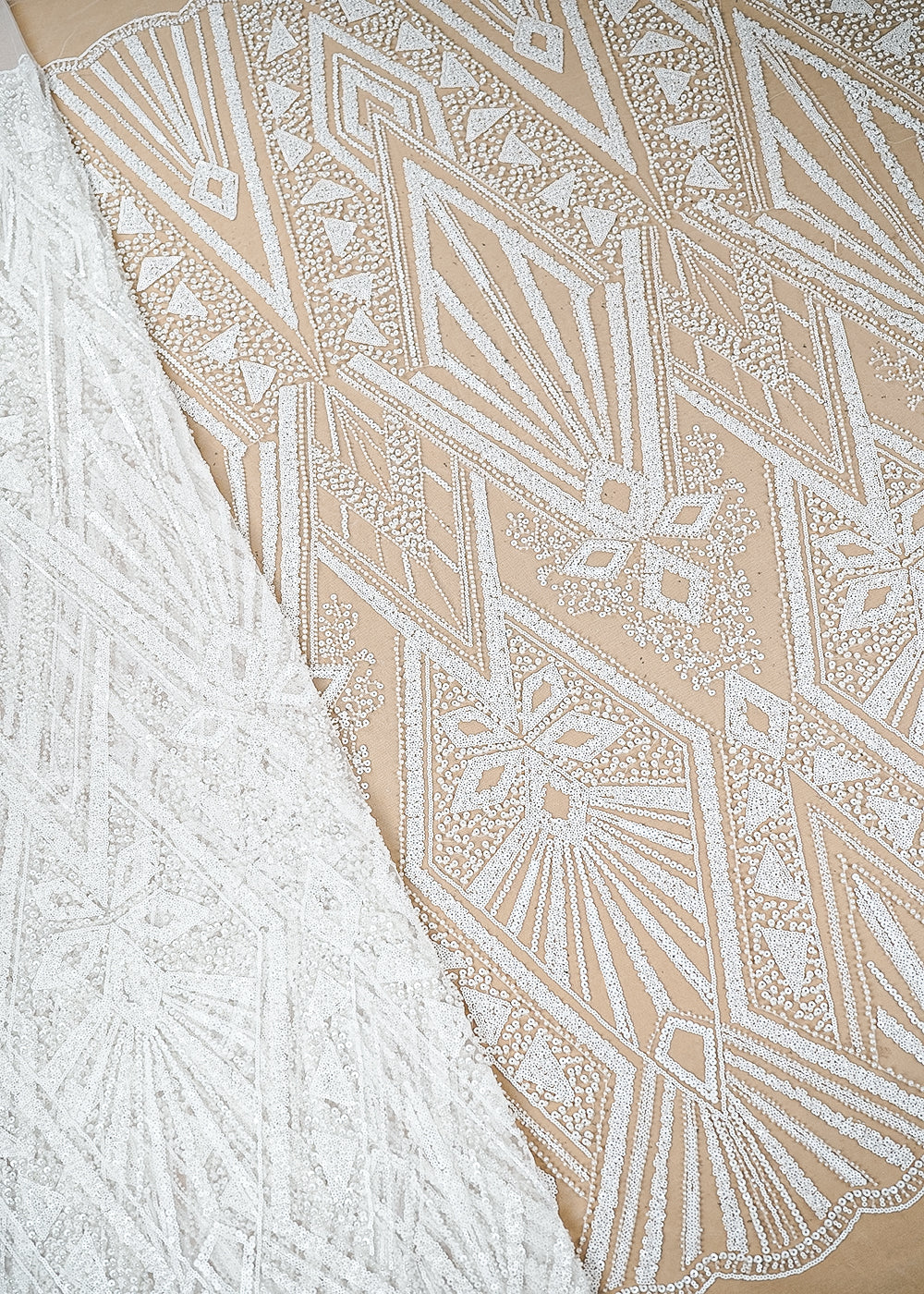 White Imported Net Fabric With Allover Sequins, Pearl & Bead Work 20009