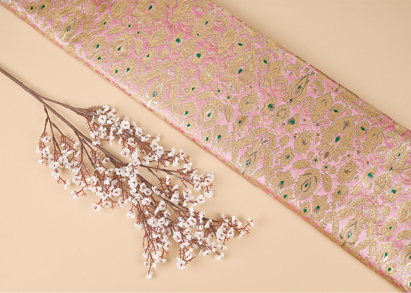 Light Pink Pure Banarasi Brocade Fabric With Thread And Zari Handloom 20011