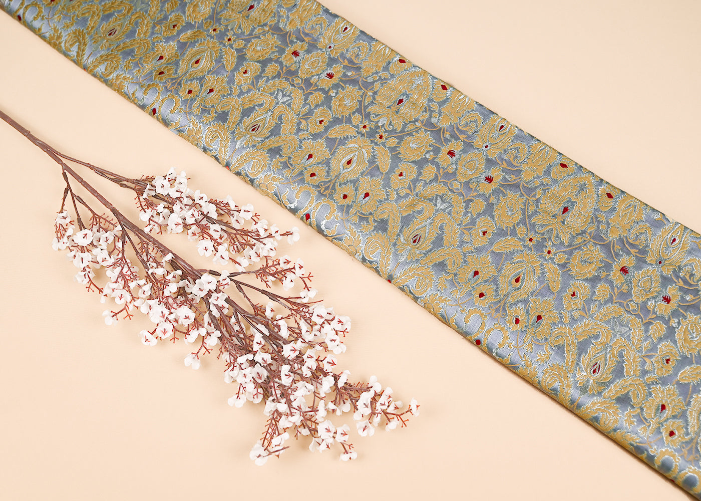 Light Grey Pure Banarasi Brocade Fabric With Thread And Zari Handloom 20014