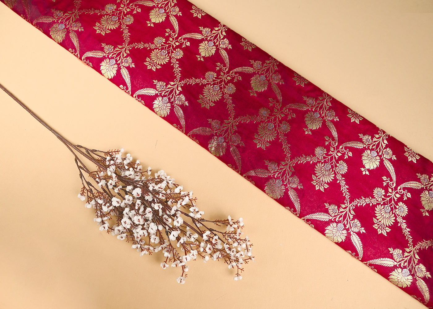 Dark Pink Banarasi Brocade Fabric With All Over Golden Zari Handloom 20020