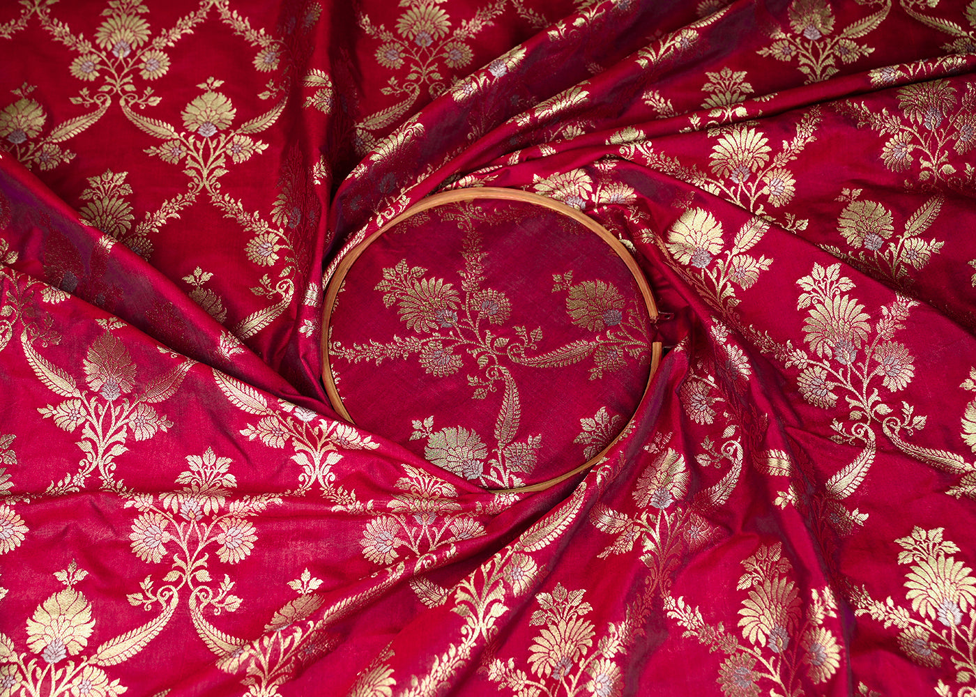 Dark Pink Banarasi Brocade Fabric With All Over Golden Zari Handloom 20020
