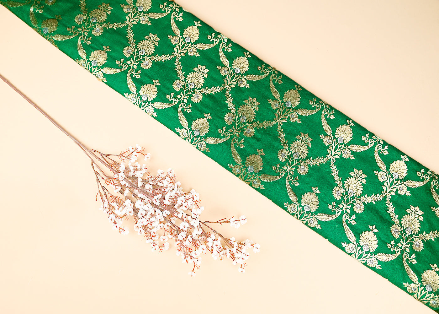 Light Green Banarasi Brocade Fabric With All Over Golden Zari Handloom 20022