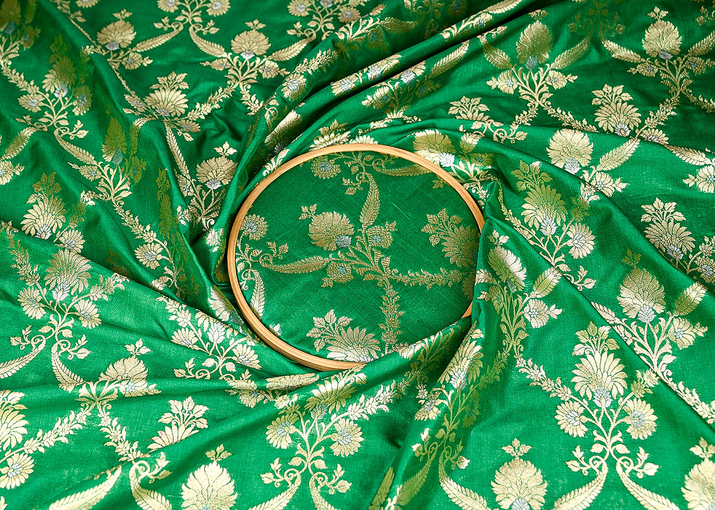 Light Green Banarasi Brocade Fabric With All Over Golden Zari Handloom 20022