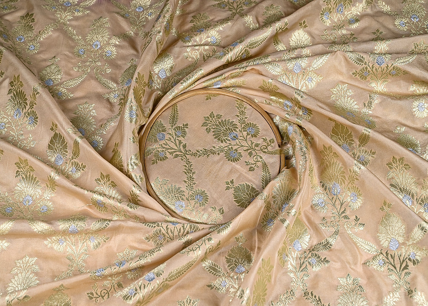 Beige Banarasi Brocade Fabric With All Over Golden Zari Handloom 20023