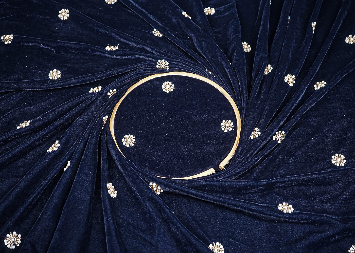 Navy Blue Velvet Fabric With All Over Buti Of Sequins, Katdana And Bead 20075