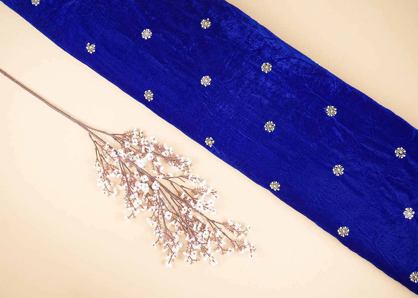 Royal Blue Velvet Fabric With All Over Buti Of Sequins, Katdana And Bead 20076