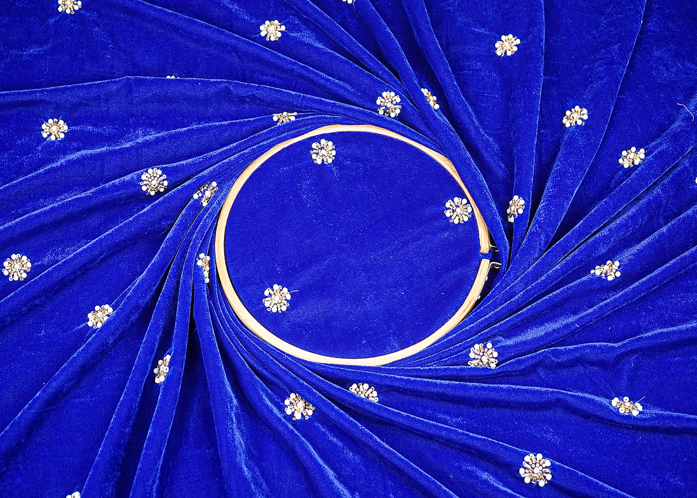 Royal Blue Velvet Fabric With All Over Buti Of Sequins, Katdana And Bead 20076