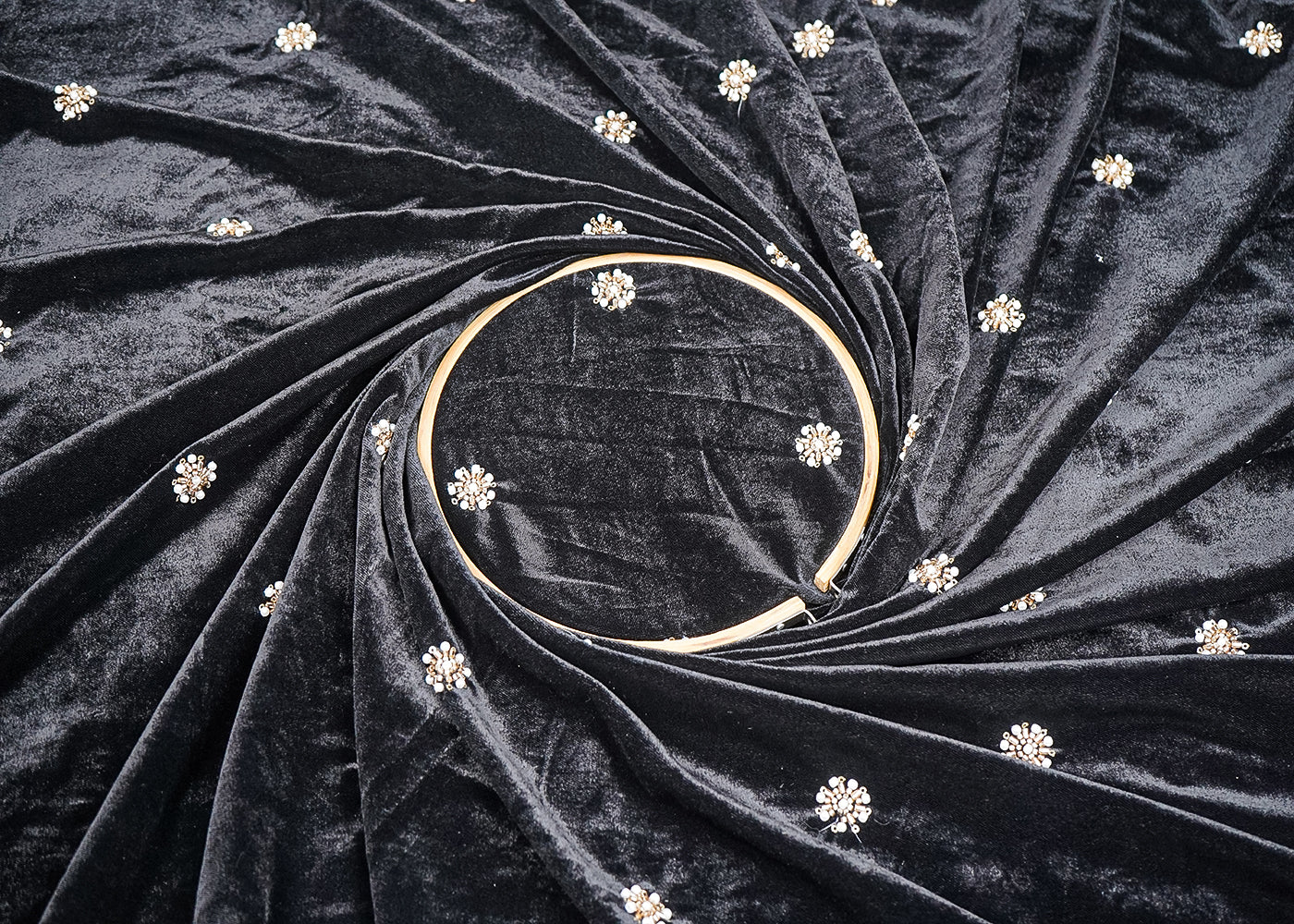 Black Velvet Fabric With All Over Buti Of Sequins, Katdana And Bead 20077