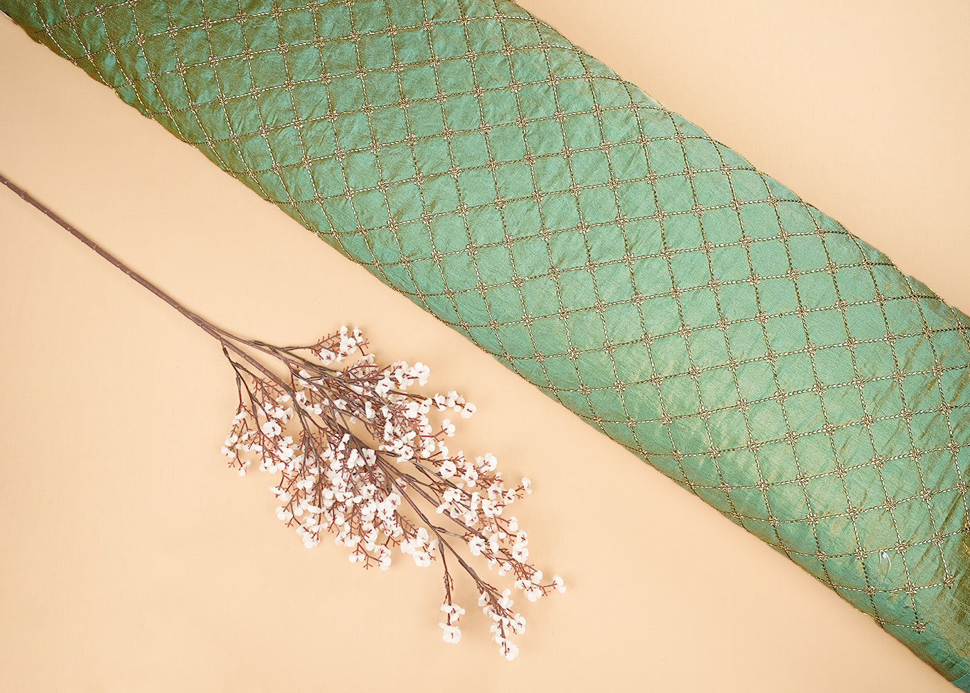 Green Diamond Silk Fabric With All Over Zari And Katdana Work 20109