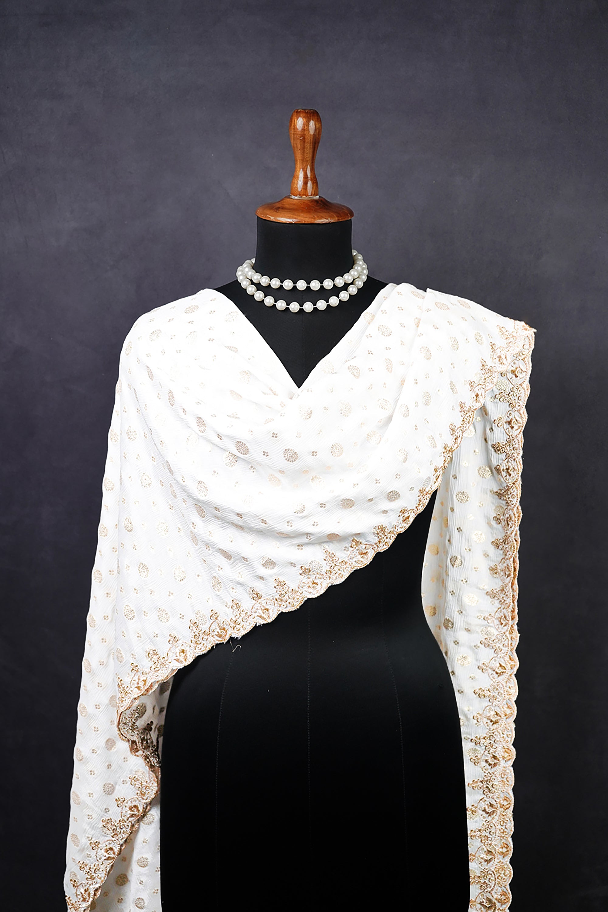 White Dyeable Chinon Chiffon Dupatta With All Over Sequins And Zari Work 20113