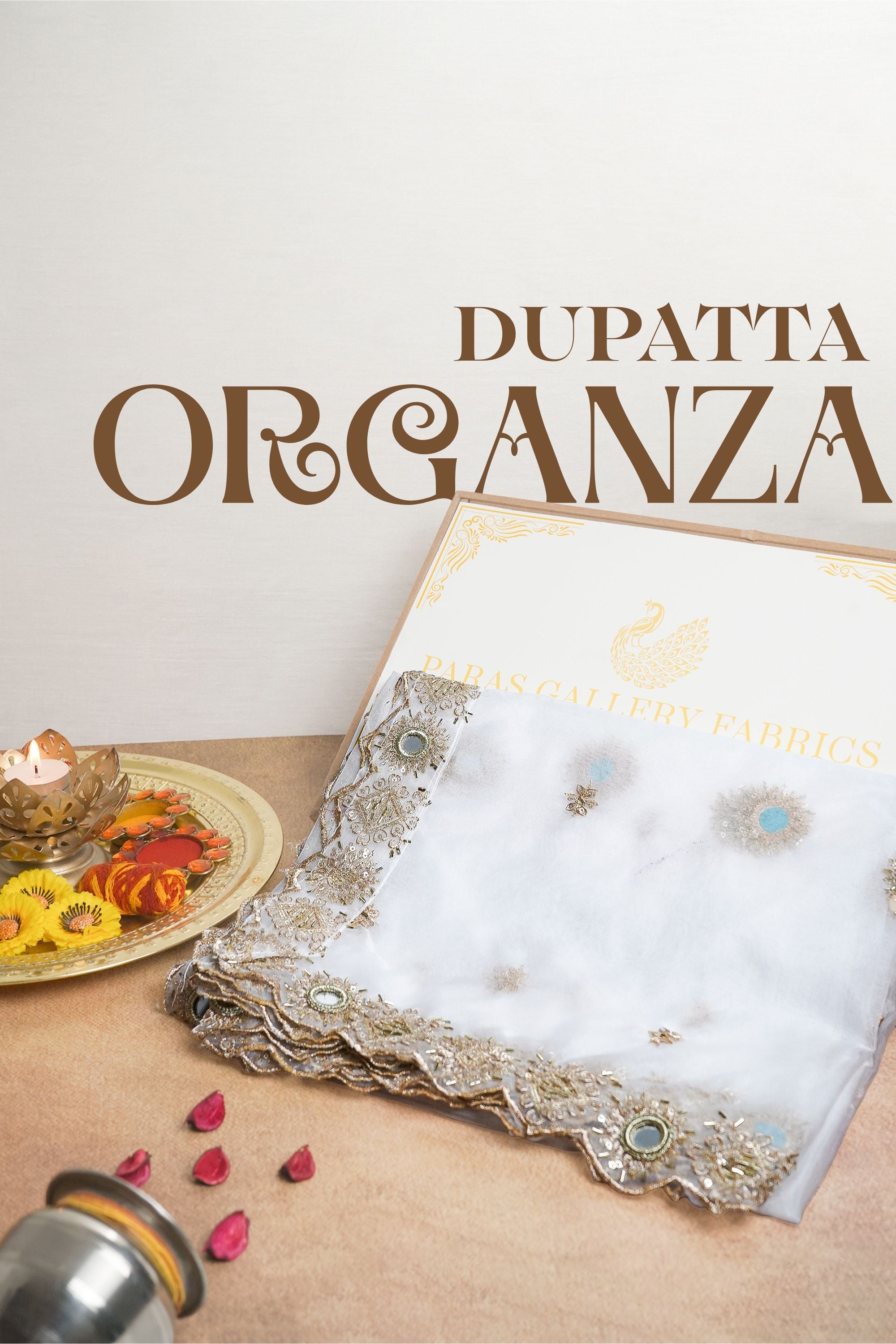 White Dyeable Organza Dupatta All Over Zari, Sequins And Original Mirror Work 20115