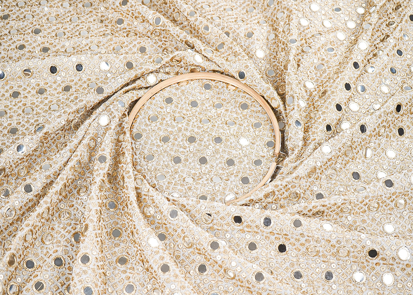 White Georgette Fabric With All Over Zari Sequins And Faux Mirror Work 20130