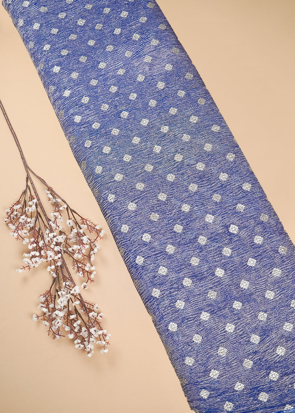 Royal Blue Crushed Tissue Fabric With All Over Buti Of Zari Handloom 20171