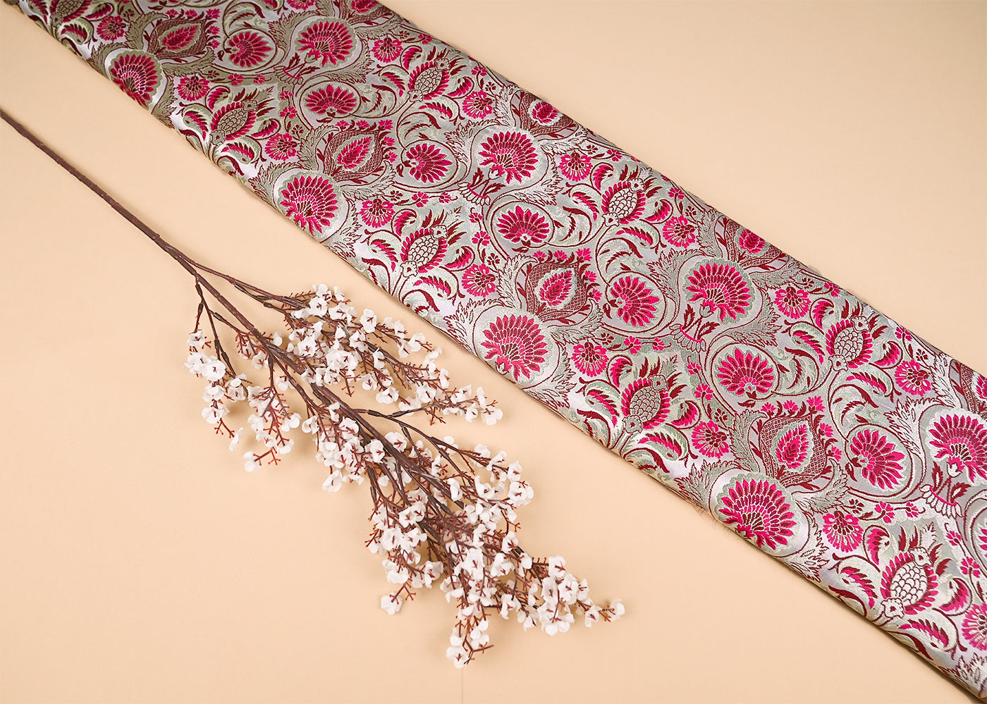 Cream Pure Banarasi Brocade Fabric With Thread And Zari Handloom 20178