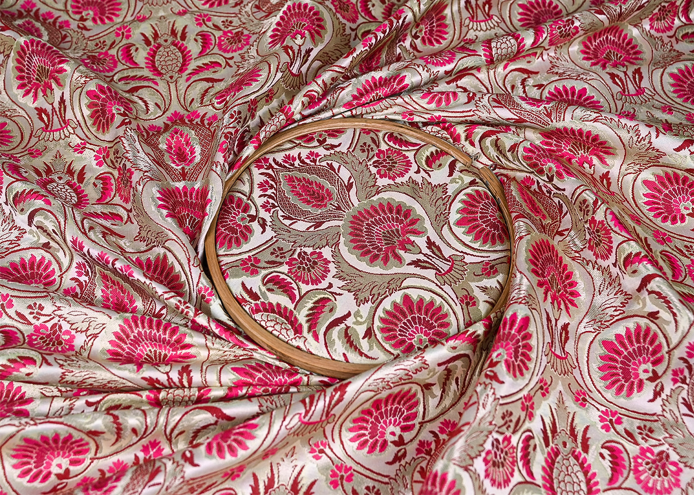 Cream Pure Banarasi Brocade Fabric With Thread And Zari Handloom 20178