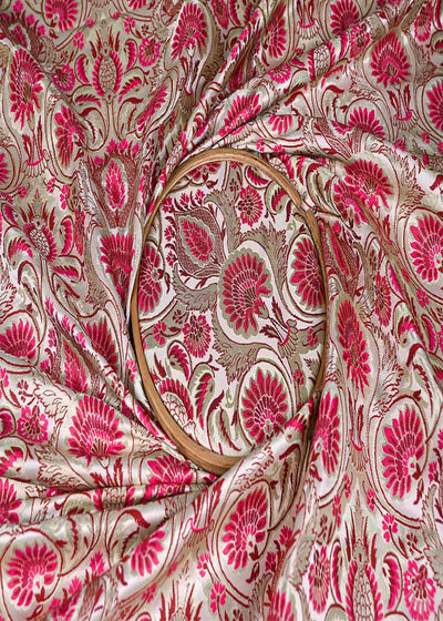 Cream Pure Banarasi Brocade Fabric With Thread And Zari Handloom 20178