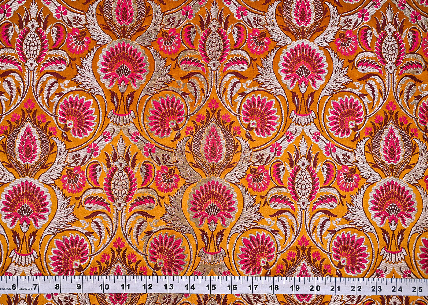 Mustard Pure Banarasi Brocade Fabric With Thread And Zari Handloom 20180