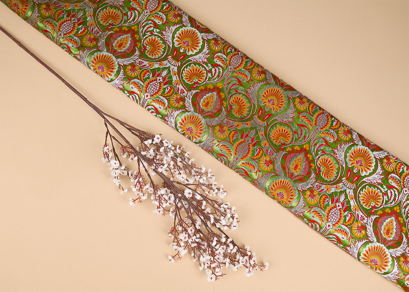 Light Green Pure Banarasi Brocade Fabric With Thread And Zari Handloom 20181
