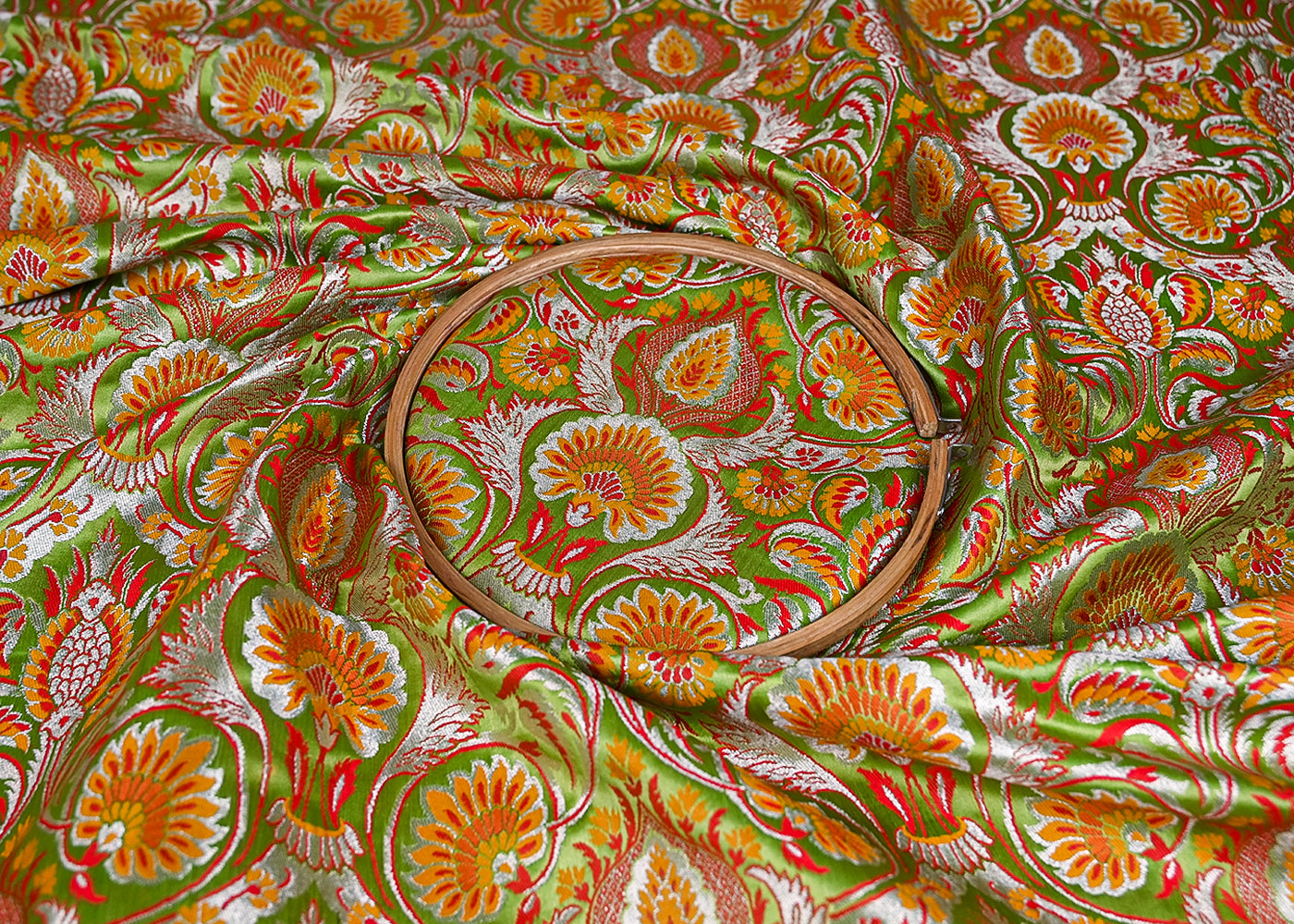 Light Green Pure Banarasi Brocade Fabric With Thread And Zari Handloom 20181