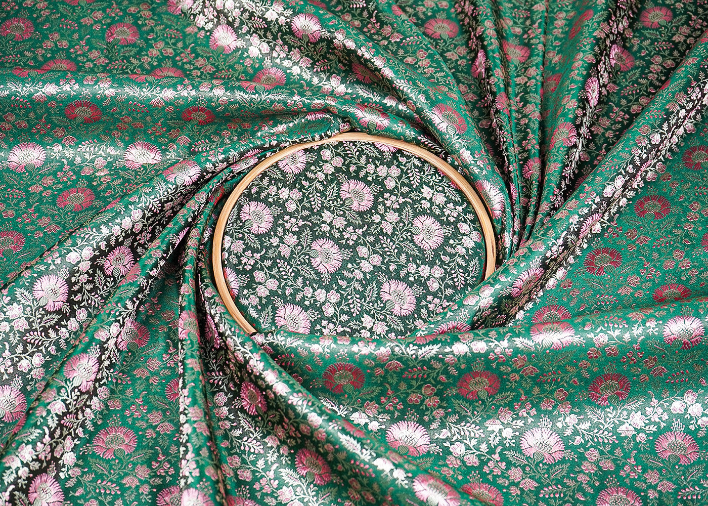 Bottle Green Banarasi Brocade Fabric With Zari Handloom 20183