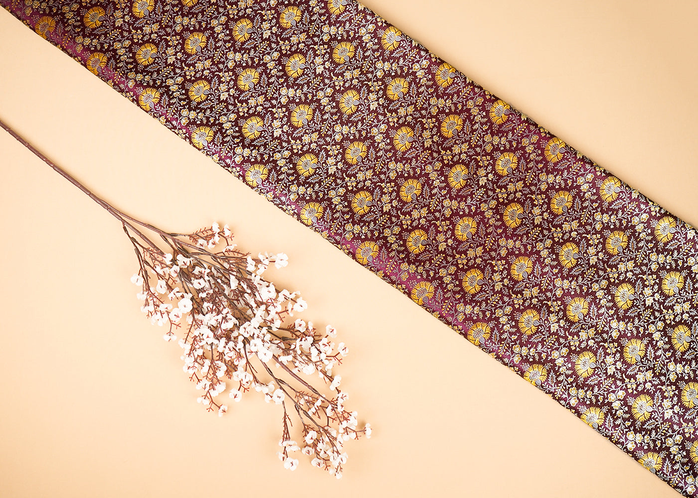 Wine Banarasi Brocade Fabric With Zari Handloom 20188