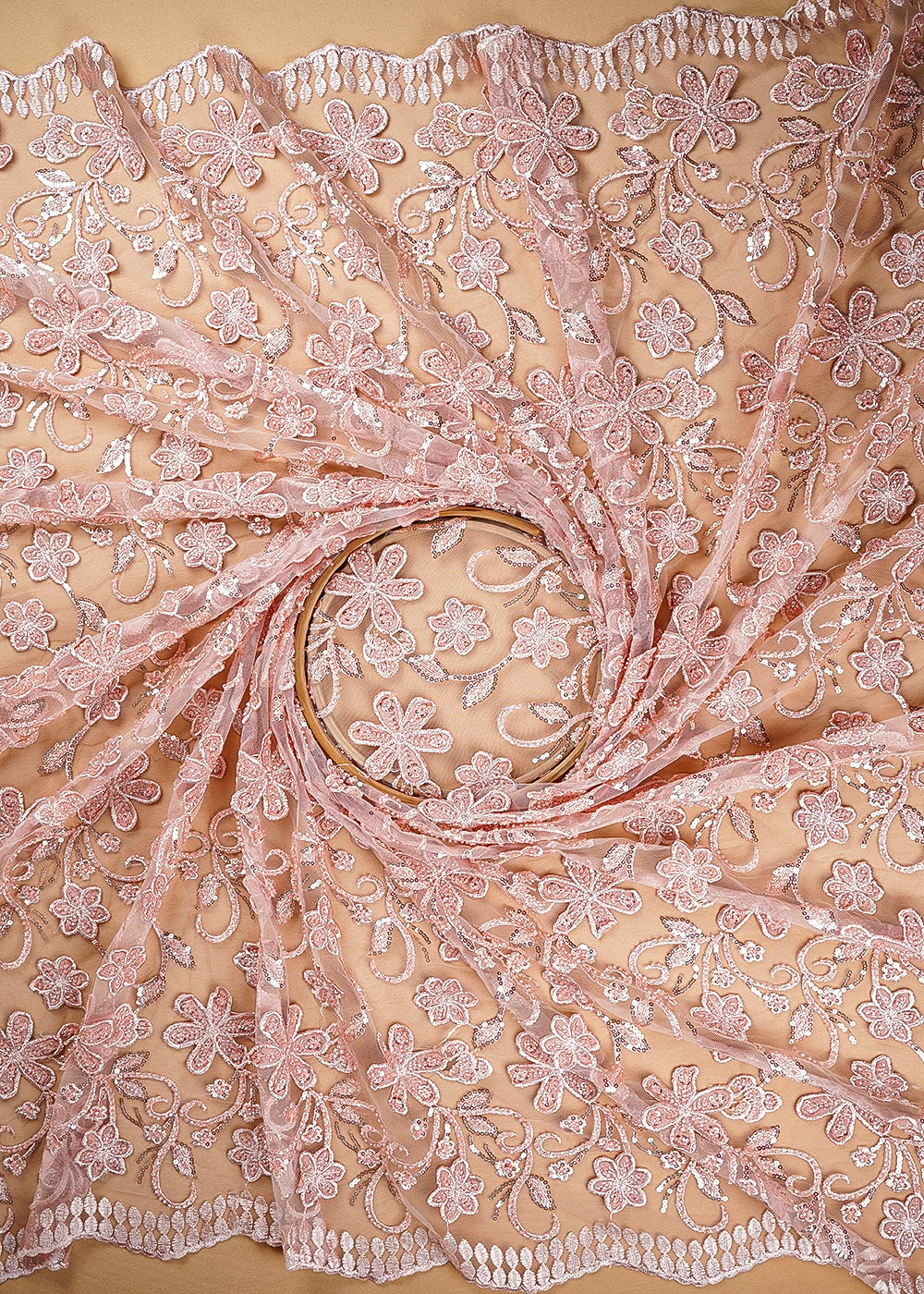Peach Imported Net Fabric With All Over Bead, Sequins And 3D Flowers With Two Side Borders 20221