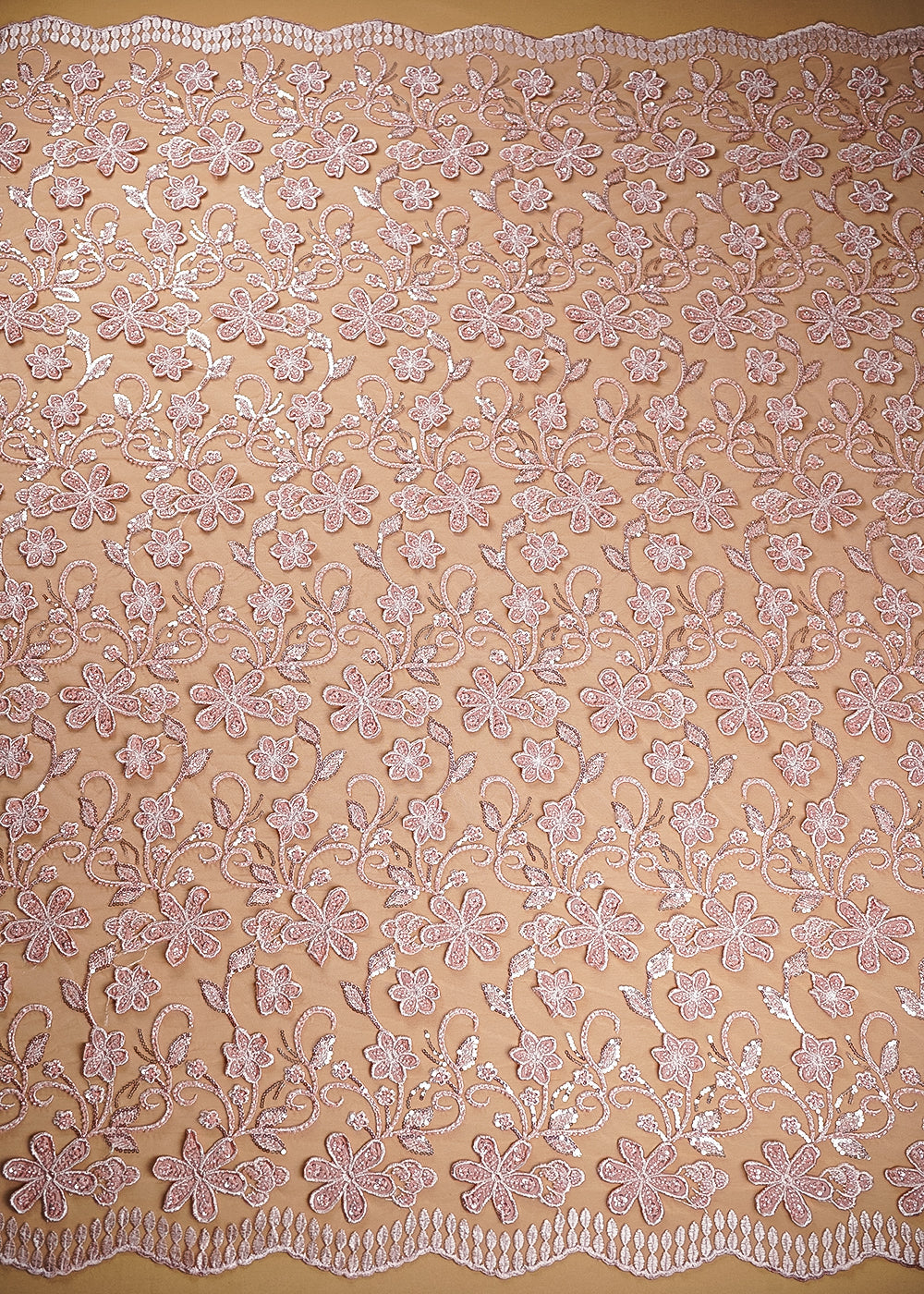 Peach Imported Net Fabric With All Over Bead, Sequins And 3D Flowers With Two Side Borders 20221