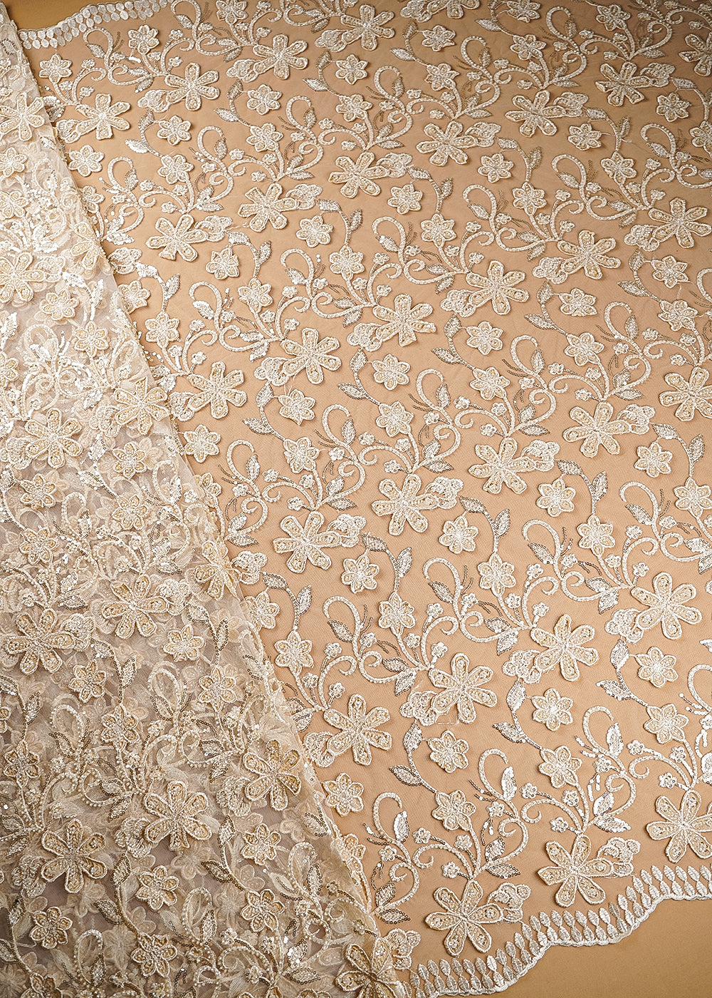 Cream Imported Net Fabric With All Over Bead, Sequins And 3D Flowers With Two Side Borders 20222