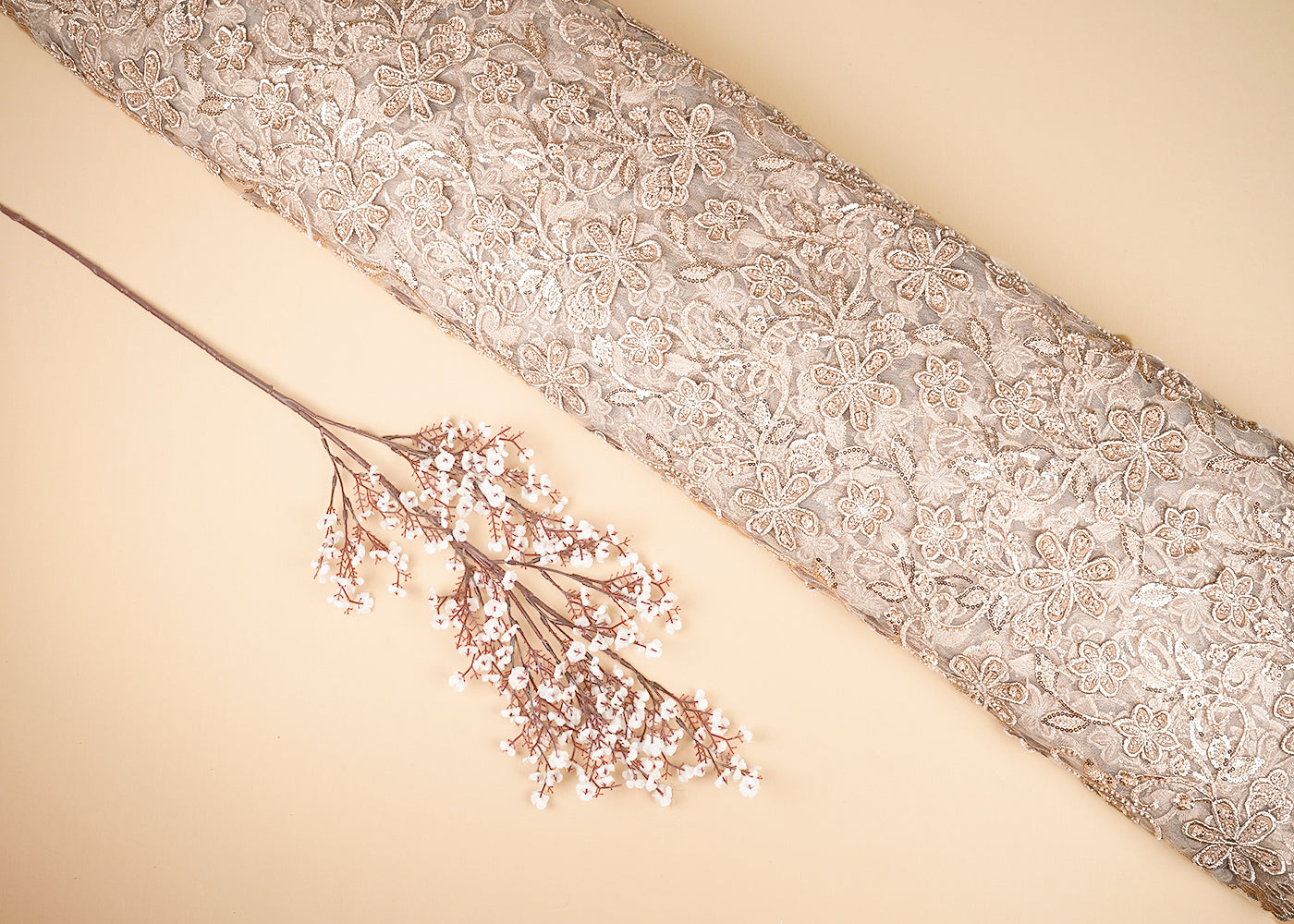 Gold Imported Net Fabric With All Over Bead, Sequins And 3D Flowers With Two Side Borders 20223