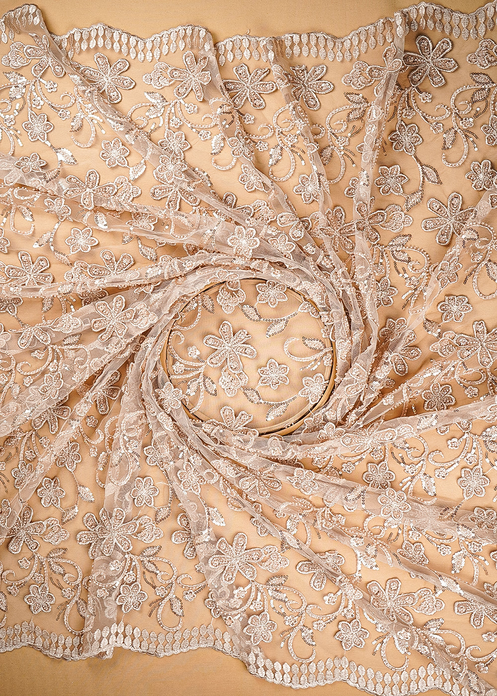 Gold Imported Net Fabric With All Over Bead, Sequins And 3D Flowers With Two Side Borders 20223