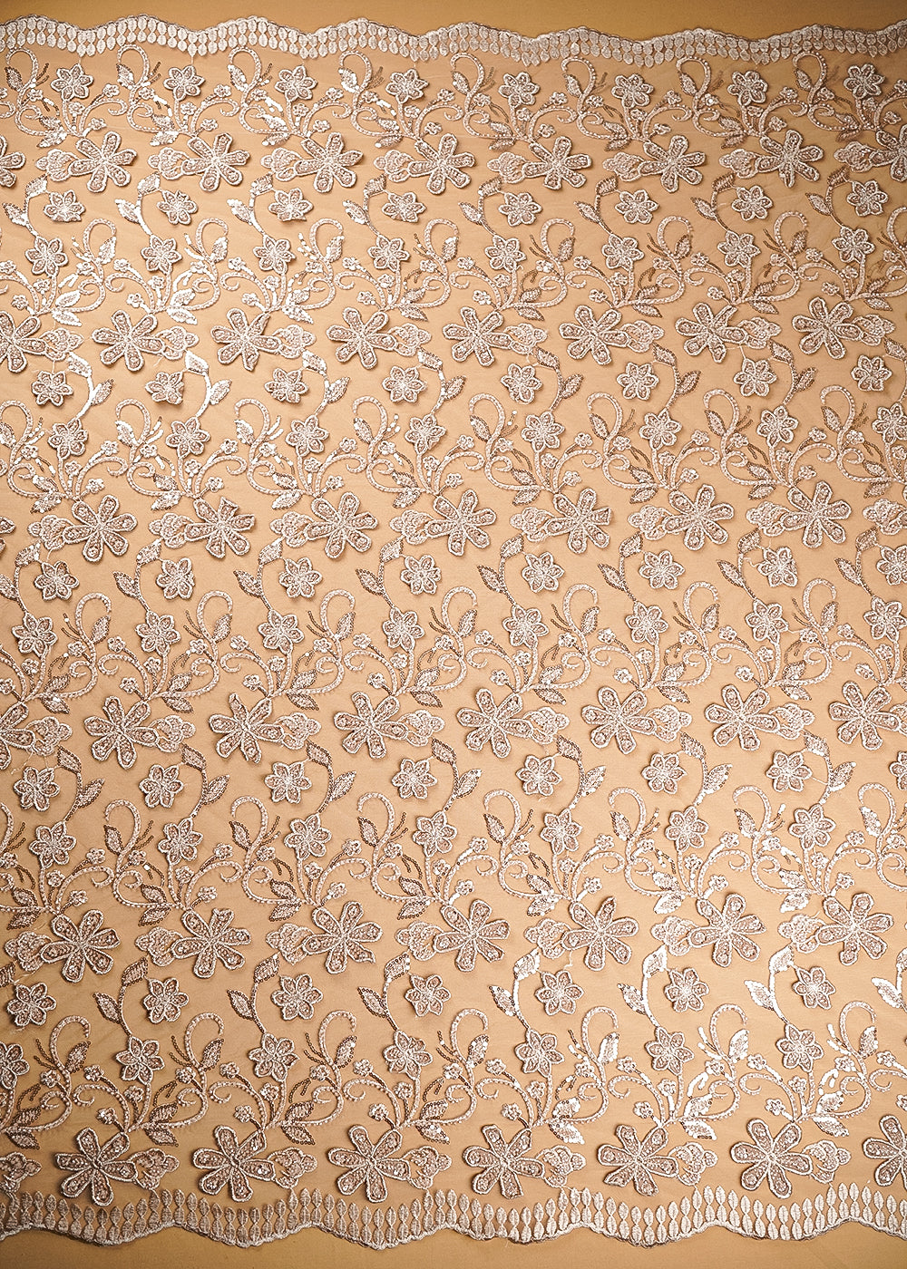 Gold Imported Net Fabric With All Over Bead, Sequins And 3D Flowers With Two Side Borders 20223