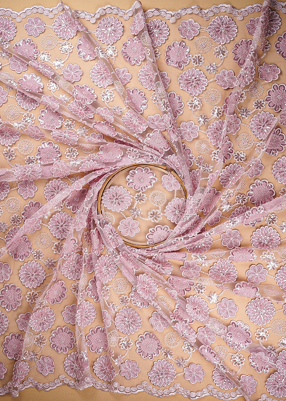 Pink Imported Net Fabric With All Over Bead, Sequins And 3D Flowers With Two Side Borders 20224