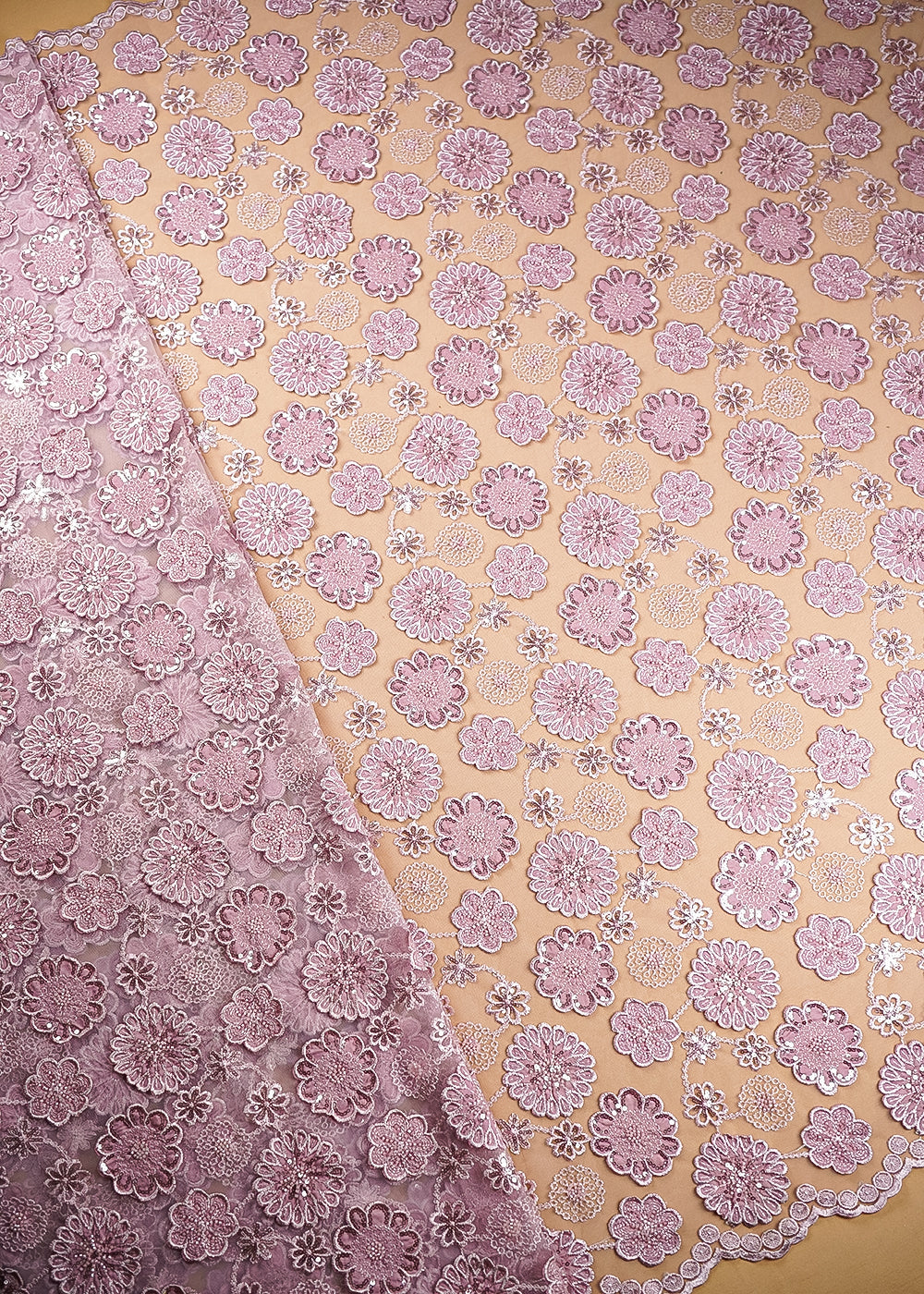 Pink Imported Net Fabric With All Over Bead, Sequins And 3D Flowers With Two Side Borders 20224