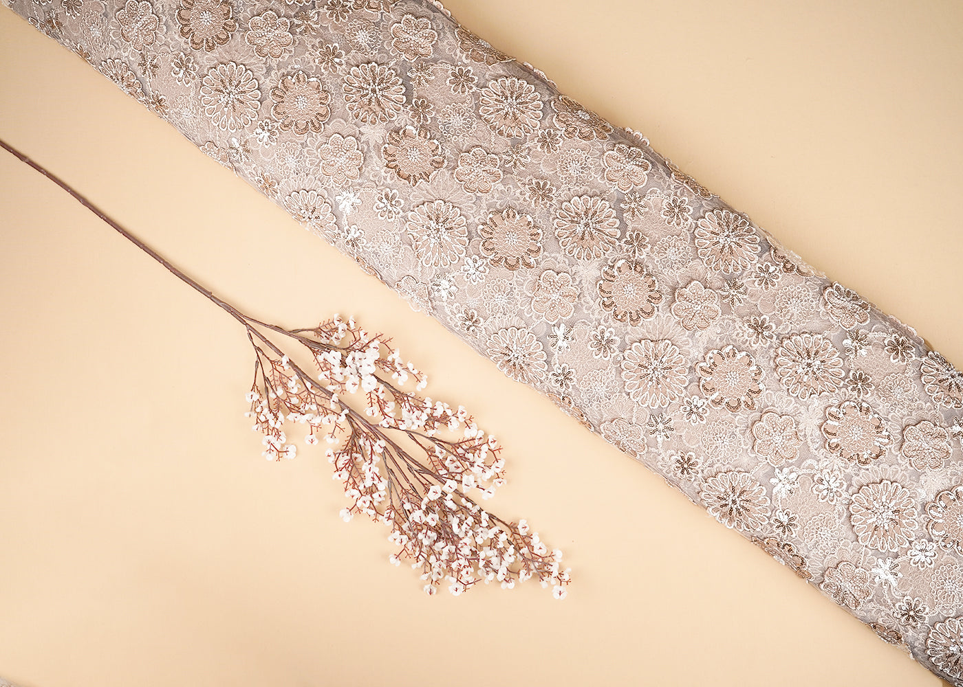 Gold Imported Net Fabric With All Over Bead, Sequins And 3D Flowers With Two Side Borders 20225