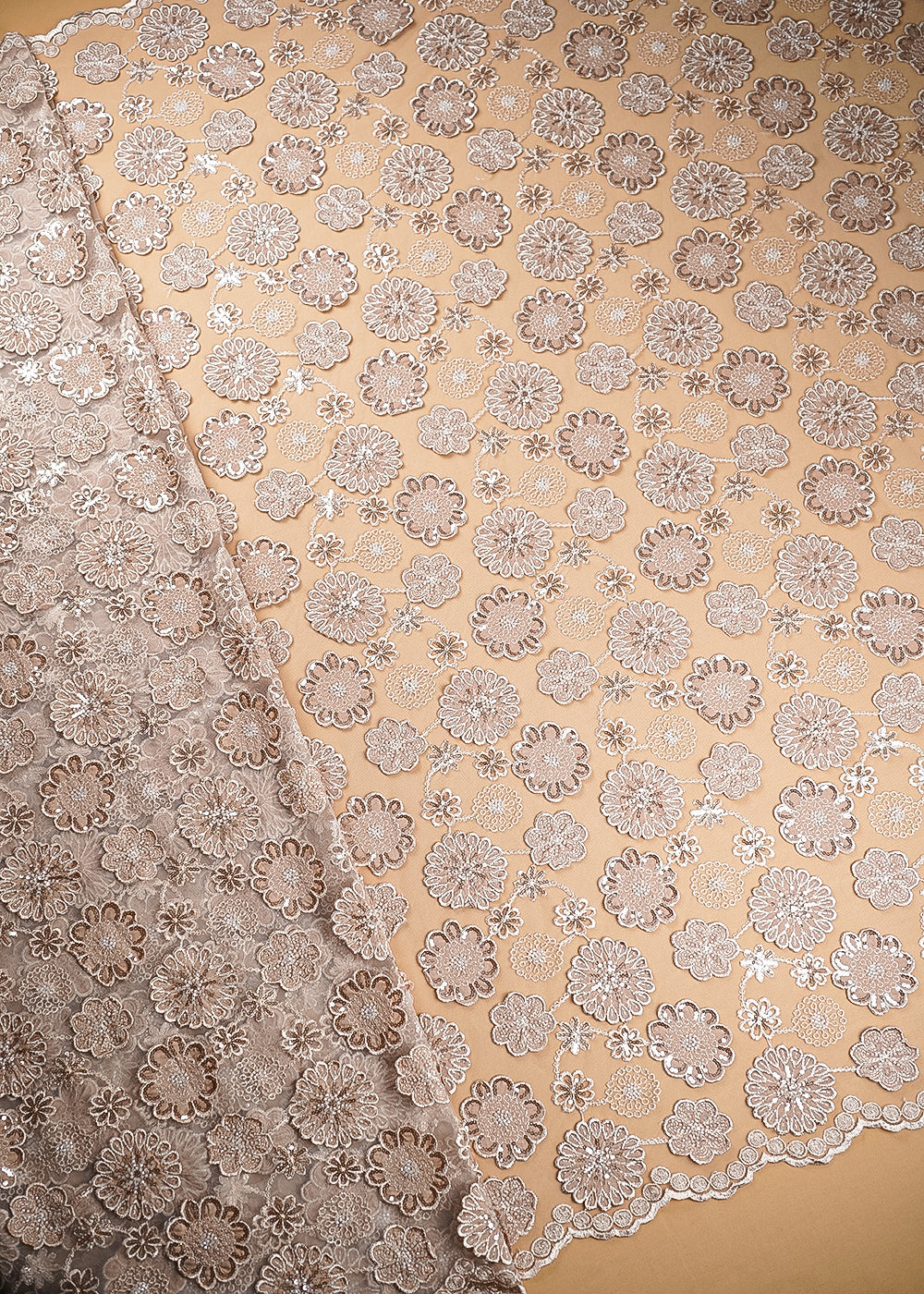 Gold Imported Net Fabric With All Over Bead, Sequins And 3D Flowers With Two Side Borders 20225