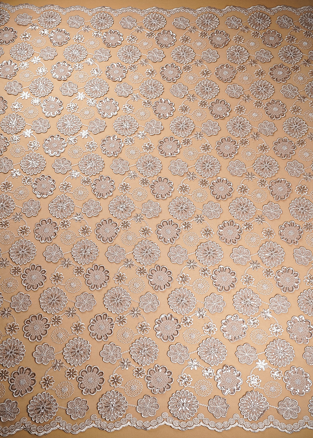 Gold Imported Net Fabric With All Over Bead, Sequins And 3D Flowers With Two Side Borders 20225