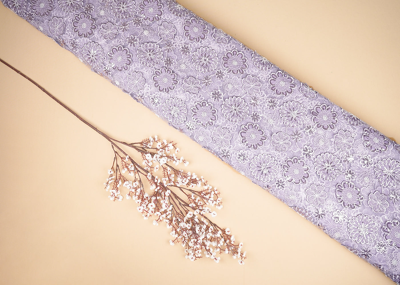 Lavender Imported Net Fabric With All Over Bead, Sequins And 3D Flowers With Two Side Borders 20226