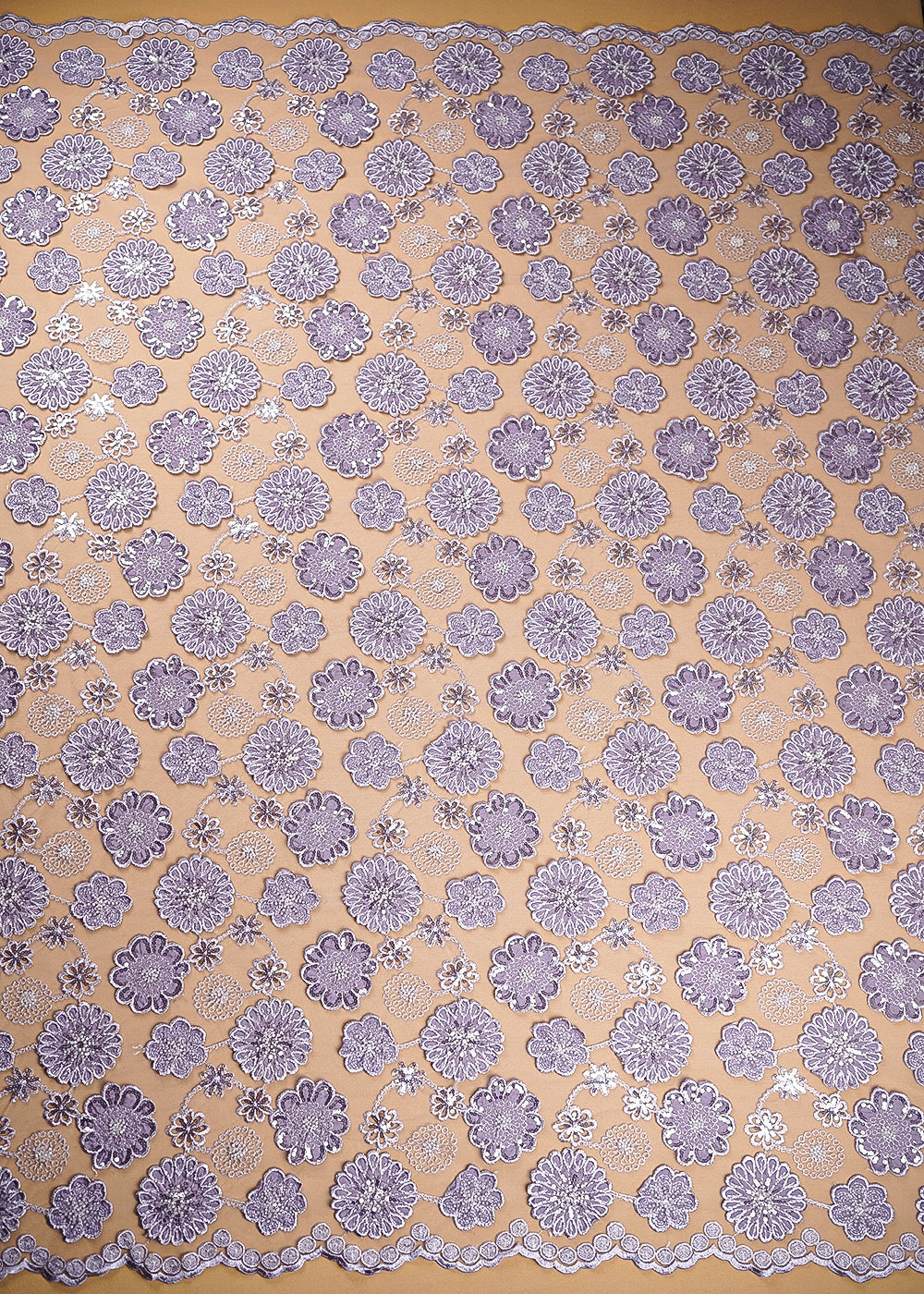 Lavender Imported Net Fabric With All Over Bead, Sequins And 3D Flowers With Two Side Borders 20226