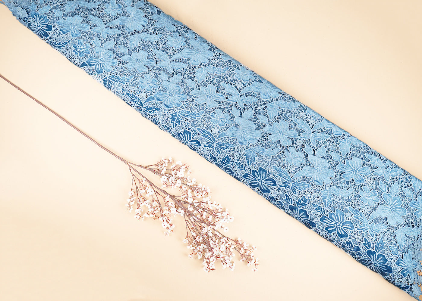 Blue Velvet Fabric With All Over Thread Cutwork 20227