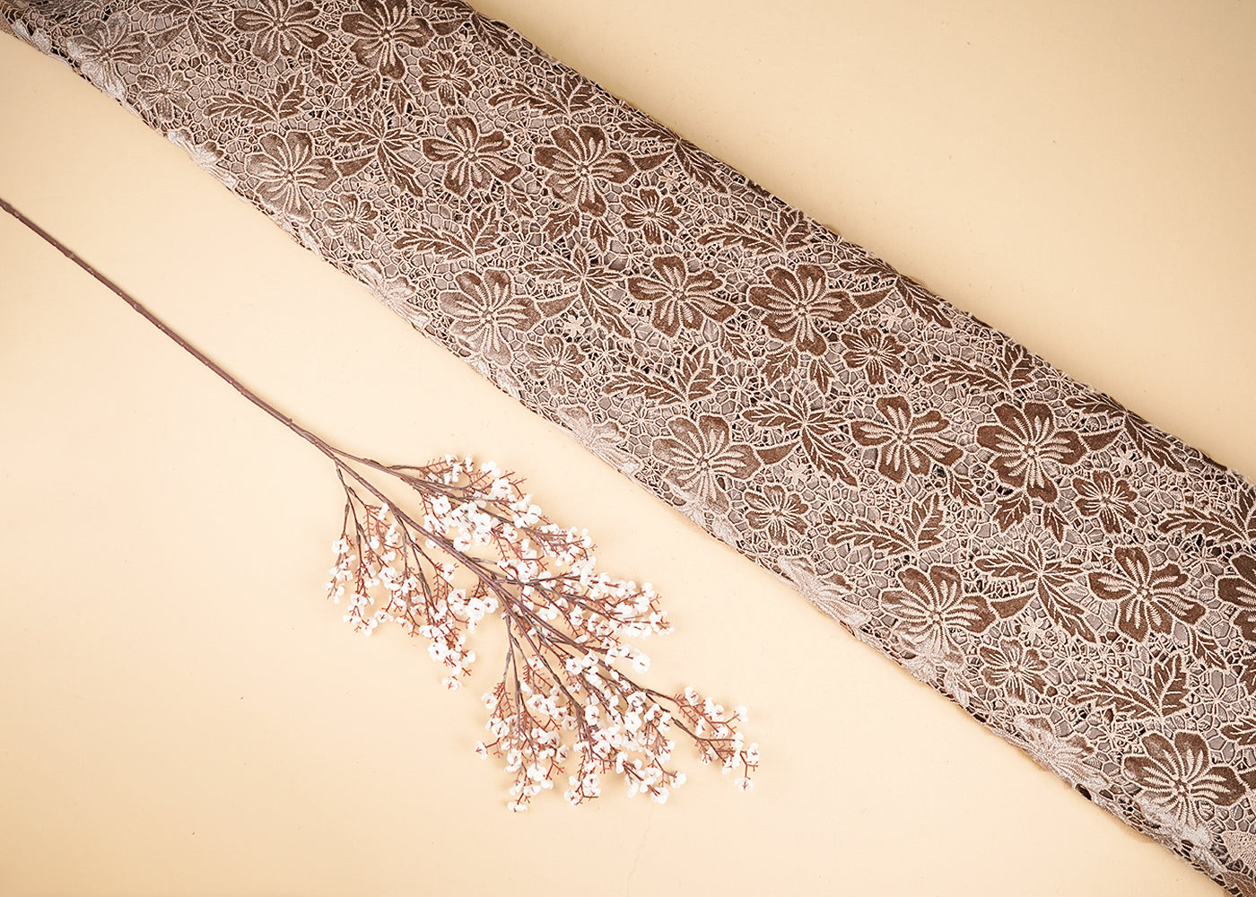 Coffee Velvet Fabric With All Over Thread Cutwork 20228