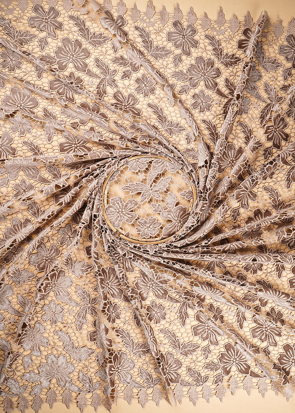 Coffee Velvet Fabric With All Over Thread Cutwork 20228