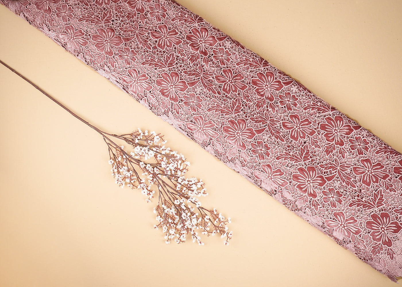 Coral Pink Velvet Fabric With All Over Thread Cutwork 20229