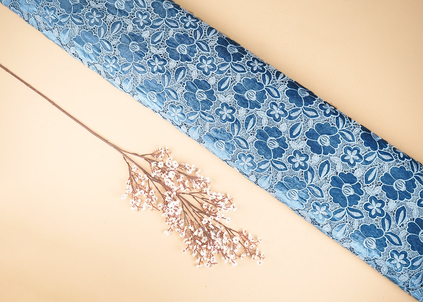 Blue Velvet Fabric With All Over Thread Cutwork 20230